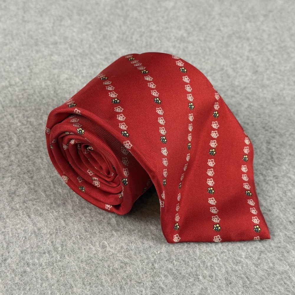 Vintage Egon Von Furstenberg Red Silk Necktie Floral Striped Italy 55 X 3.4"